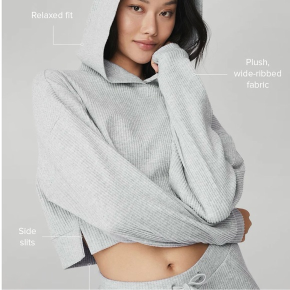 ALO Yoga Tops - ALO Muse Hoodie Ribbed Grey Med